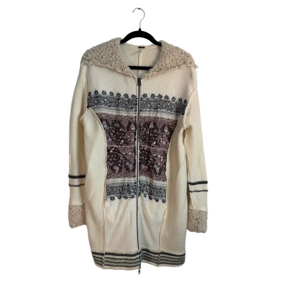 Free People Sweater Small Ivory Hooded ZipUp Cardigan Patterned Sherpa Boho Y2K